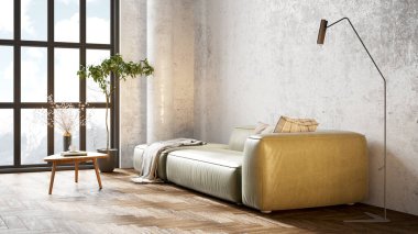 Sütunları, beyaz duvarları, geniş pencereleri, yüksek tavanı ve şık mobilyaları olan modern, güzel bir iç mekan. Parlak çatı katı tasarımı. 3B görüntüleme