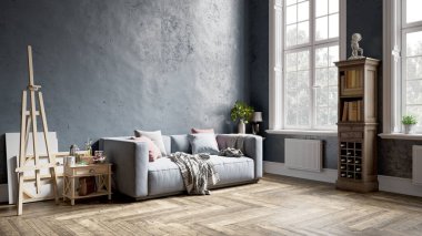 Renkli duvarları, geniş pencereleri ve şık mobilyaları olan modern, güzel bir oda. Parlak ve şık bir tasarım. 3B görüntüleme