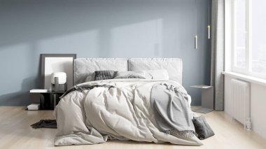 Işık duvarları, geniş pencereleri ve şık mobilyaları olan modern, güzel bir oda. İskandinav tarzında parlak bir tasarım. 3B görüntüleme