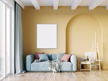 Işık duvarları, geniş pencereleri ve şık mobilyaları olan modern, güzel bir oda. İskandinav tarzında parlak bir tasarım. 3B görüntüleme