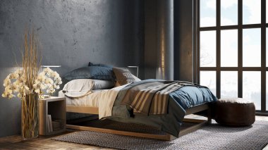 Sütunları, renkli duvarları ve şık mobilyaları olan modern, güzel bir iç mekan. Parlak çatı katı tasarımı. 3B görüntüleme