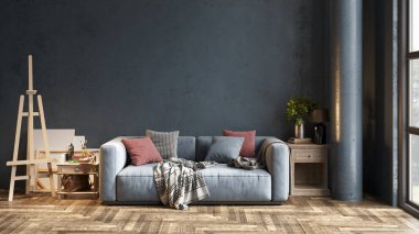 Sütunları, renkli duvarları ve şık mobilyaları olan modern, güzel bir iç mekan. Parlak çatı katı tasarımı. 3B görüntüleme