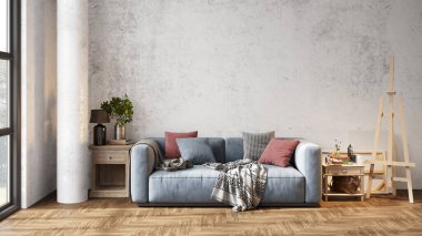 Sütunları, beyaz duvarları, geniş pencereleri, yüksek tavanı ve şık mobilyaları olan modern, güzel bir iç mekan. Parlak çatı katı tasarımı. 3B görüntüleme