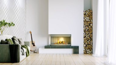 Işık duvarları, geniş pencereleri ve şık mobilyaları olan modern, güzel bir oda. İskandinav tarzında parlak bir tasarım. 3B görüntüleme