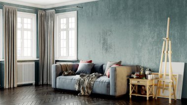 Modern bir odanın güzel iç mekanı. Parlak ve temiz tasarım. Büyük bir pencerenin yanında duran bir kanepe. 3B görüntüleme