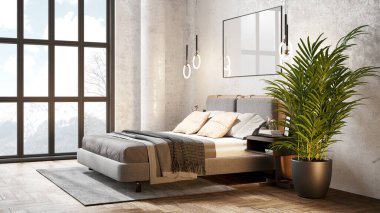 Sütunları, beyaz duvarları, geniş pencereleri, yüksek tavanı ve şık mobilyaları olan modern, güzel bir iç mekan. Parlak çatı katı tasarımı. 3B görüntüleme