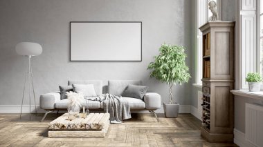 Beyaz duvarları, büyük pencereleri ve şık mobilyaları olan modern, güzel bir oda. Parlak ve şık bir tasarım. 3B görüntüleme