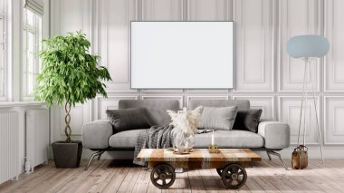 Boş bir tablosu olan modern bir oda. Kanepe, geniş pencere, ahşap zemin ve duvar. Temiz iç tasarım çizgileri. 3B görüntüleme