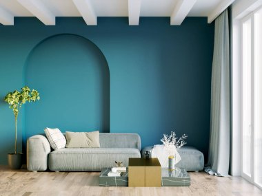 Işık duvarları, geniş pencereleri ve şık mobilyaları olan modern, güzel bir oda. İskandinav tarzında parlak bir tasarım. 3B görüntüleme