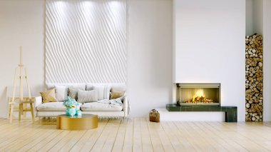 Işık duvarları, geniş pencereleri ve şık mobilyaları olan modern, güzel bir oda. İskandinav tarzında parlak bir tasarım. 3B görüntüleme