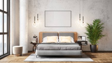 Sütunları, beyaz duvarları, geniş pencereleri, yüksek tavanı ve şık mobilyaları olan modern, güzel bir iç mekan. Parlak çatı katı tasarımı. 3B görüntüleme