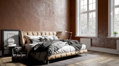 Renkli duvarları, geniş pencereleri ve şık mobilyaları olan modern, güzel bir oda. Parlak ve şık bir tasarım. 3B görüntüleme