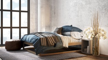 Sütunları, beyaz duvarları, geniş pencereleri, yüksek tavanı ve şık mobilyaları olan modern, güzel bir iç mekan. Parlak çatı katı tasarımı. 3B görüntüleme