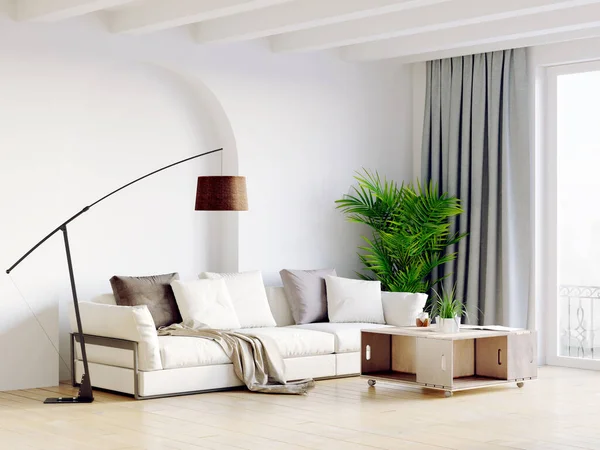 Modernes schönes Interieur des Zimmers mit hellen Wänden, großen Fenstern und stilvollen Möbeln. Helles Design im skandinavischen Stil. 3D-Rendering — Stockfoto