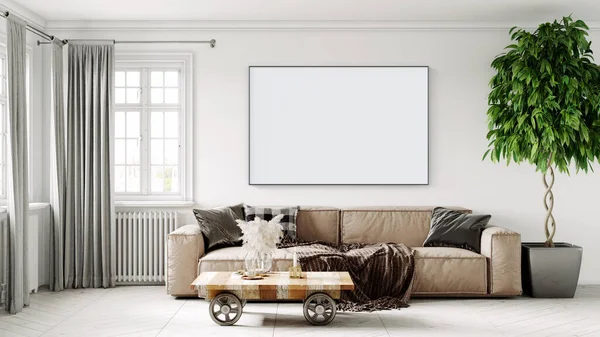 Interior moderno de una habitación con una pintura vacía. Sofá y gran ventana, suelo y pared de madera. Líneas limpias de diseño de interiores. Renderizado 3D — Foto de Stock