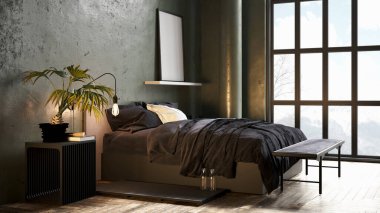 Sütunları, renkli duvarları ve şık mobilyaları olan modern, güzel bir iç mekan. Parlak çatı katı tasarımı. 3B görüntüleme