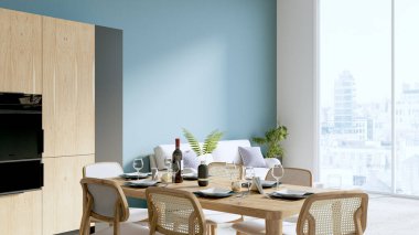 Modern stil mutfak, ahşap döşemeli oda, masa ve kanepe. 3B görüntüleme