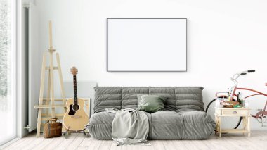 Boş bir tablosu olan modern bir oda. Kanepe, geniş pencere, ahşap zemin ve duvar. Temiz iç tasarım çizgileri. 3B görüntüleme