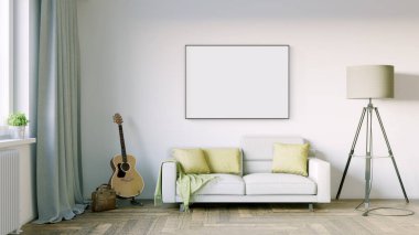 Boş bir tablosu olan modern bir oda. Kanepe, geniş pencere, ahşap zemin ve duvar. Temiz iç tasarım çizgileri. 3B görüntüleme