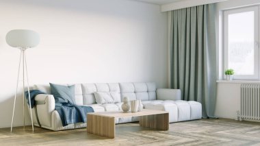 Modern bir odanın güzel iç mekanı. Parlak ve temiz tasarım. Büyük bir pencerenin yanında duran bir kanepe. 3B görüntüleme