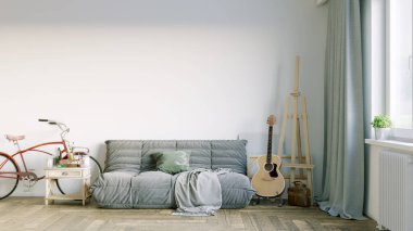 Modern bir odanın güzel iç mekanı. Parlak ve temiz tasarım. Büyük bir pencerenin yanında duran bir kanepe. 3B görüntüleme