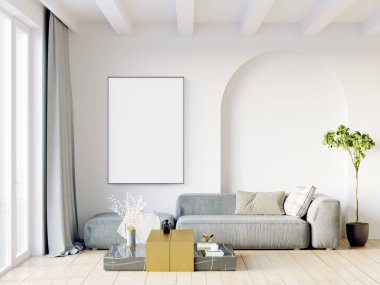 Işık duvarları, geniş pencereleri ve şık mobilyaları olan modern, güzel bir oda. İskandinav tarzında parlak bir tasarım. 3B görüntüleme