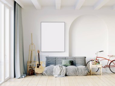 Işık duvarları, geniş pencereleri ve şık mobilyaları olan modern, güzel bir oda. İskandinav tarzında parlak bir tasarım. 3B görüntüleme