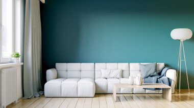 Modern bir odanın güzel iç mekanı. Parlak ve temiz tasarım. Büyük bir pencerenin yanında duran bir kanepe. 3B görüntüleme