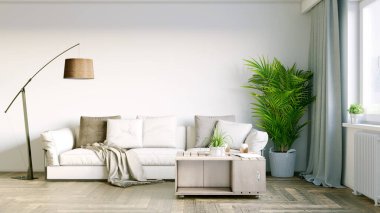 Modern bir odanın güzel iç mekanı. Parlak ve temiz tasarım. Büyük bir pencerenin yanında duran bir kanepe. 3B görüntüleme