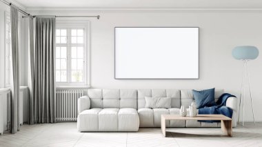 Boş bir tablosu olan modern bir oda. Kanepe, geniş pencere, ahşap zemin ve duvar. Temiz iç tasarım çizgileri. 3B görüntüleme