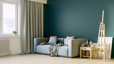 Modern bir odanın güzel iç mekanı. Parlak ve temiz tasarım. Büyük bir pencerenin yanında duran bir kanepe. 3B görüntüleme