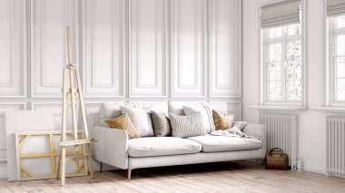 Modern bir odanın güzel iç mekanı. Parlak ve temiz tasarım. Büyük bir pencerenin yanında duran bir kanepe. 3B görüntüleme