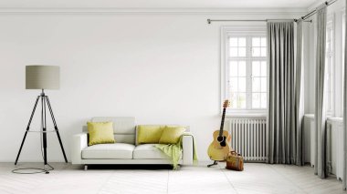 Modern bir odanın güzel iç mekanı. Parlak ve temiz tasarım. Büyük bir pencerenin yanında duran bir kanepe. 3B görüntüleme