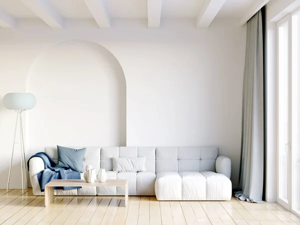 Moderno belo interior da sala com paredes claras, grandes janelas e mobiliário elegante. Design brilhante em estilo escandinavo. Renderização 3D — Fotografia de Stock