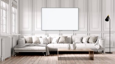 Boş bir tablosu olan modern bir oda. Kanepe, geniş pencere, ahşap zemin ve duvar. Temiz iç tasarım çizgileri. 3B görüntüleme