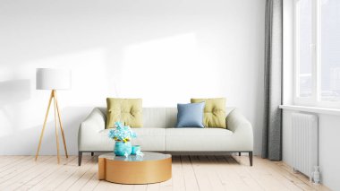 Işık duvarları, geniş pencereleri ve şık mobilyaları olan modern, güzel bir oda. İskandinav tarzında parlak bir tasarım. 3B görüntüleme