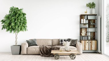 Oturma odasının modern tarzı, ahşap zeminli ve geniş pencereli bir oda. 3B görüntüleme