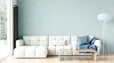 Oturma odasının modern tarzı, ahşap zeminli ve geniş pencereli bir oda. 3B görüntüleme