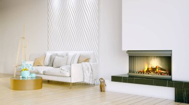 Işık duvarları, geniş pencereleri ve şık mobilyaları olan modern, güzel bir oda. İskandinav tarzında parlak bir tasarım. 3B görüntüleme