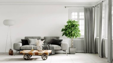 Modern bir odanın güzel iç mekanı. Parlak ve temiz tasarım. Büyük bir pencerenin yanında duran bir kanepe. 3B görüntüleme