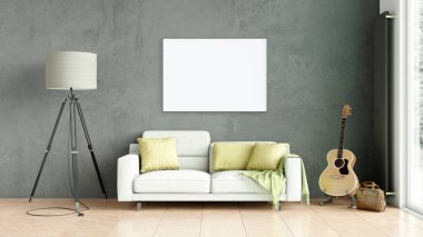 Boş bir tablosu olan modern bir oda. Kanepe, geniş pencere, ahşap zemin ve duvar. Temiz iç tasarım çizgileri. 3B görüntüleme