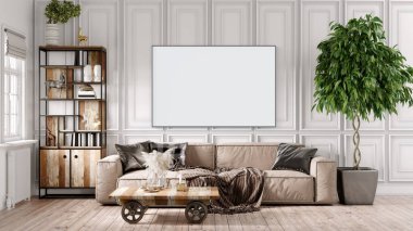 Boş bir tablosu olan modern bir oda. Kanepe, geniş pencere, ahşap zemin ve duvar. Temiz iç tasarım çizgileri. 3B görüntüleme