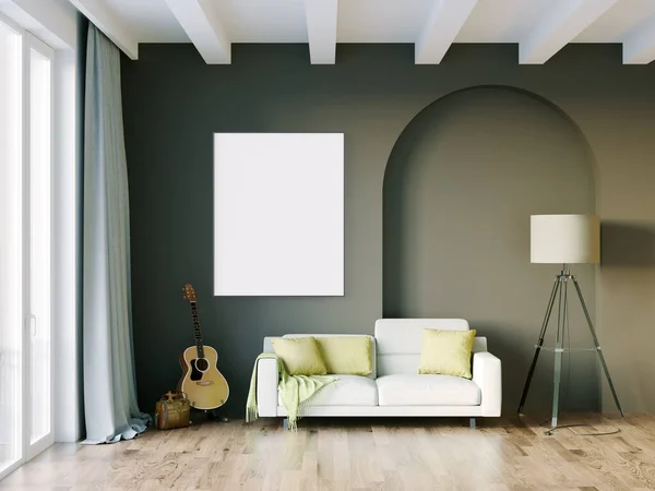 Modernes schönes Interieur des Zimmers mit hellen Wänden, großen Fenstern und stilvollen Möbeln. Helles Design im skandinavischen Stil. 3D-Rendering — Stockfoto