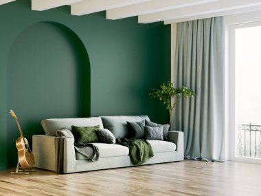 Işık duvarları, geniş pencereleri ve şık mobilyaları olan modern, güzel bir oda. İskandinav tarzında parlak bir tasarım. 3B görüntüleme