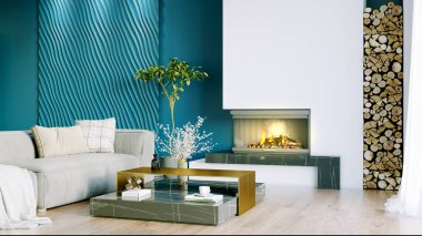 Işık duvarları, geniş pencereleri ve şık mobilyaları olan modern, güzel bir oda. İskandinav tarzında parlak bir tasarım. 3B görüntüleme