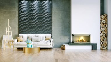 Işık duvarları, geniş pencereleri ve şık mobilyaları olan modern, güzel bir oda. İskandinav tarzında parlak bir tasarım. 3B görüntüleme