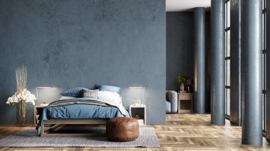 Sütunları, renkli duvarları ve şık mobilyaları olan modern, güzel bir iç mekan. Parlak çatı katı tasarımı. 3B görüntüleme