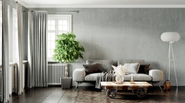 Modern bir odanın güzel iç mekanı. Parlak ve temiz tasarım. Büyük bir pencerenin yanında duran bir kanepe. 3B görüntüleme