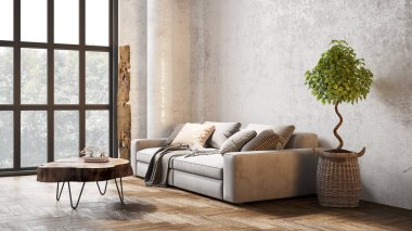 Sütunları, beyaz duvarları, geniş pencereleri, yüksek tavanı ve şık mobilyaları olan modern, güzel bir iç mekan. Parlak çatı katı tasarımı. 3B görüntüleme