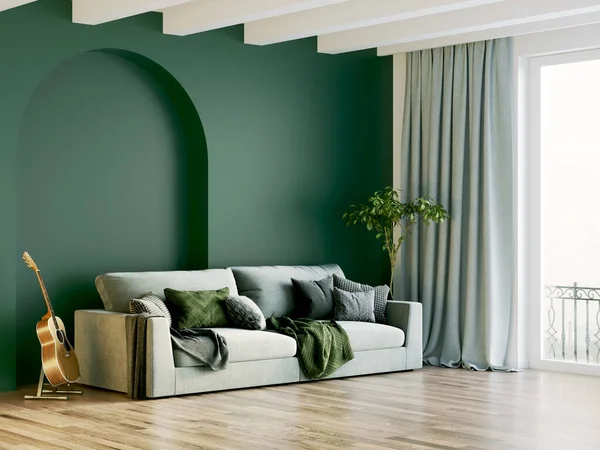 Işık duvarları, geniş pencereleri ve şık mobilyaları olan modern, güzel bir oda. İskandinav tarzında parlak bir tasarım. 3B görüntüleme